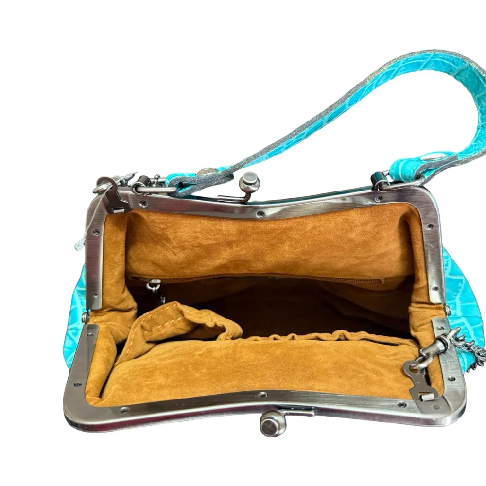 Patricia Nash Aqua Croco Embossed Leather Laureana Frame Satchel Bag